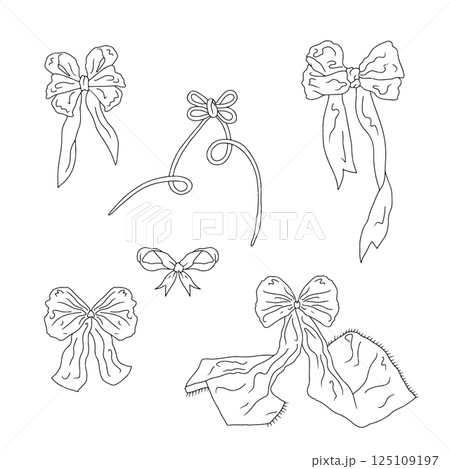 Cute hand drawn fancy linear black and white bow knots bundle isolated on white background. Pretty vintage monochrome line art coquettes set 125109197