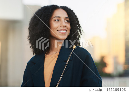 Happy, thinking and business woman in the city of Singapore for work in the morning. Vision, motivation and young girl with an idea, happiness and commitment during travel to a job with bokeh space Happy, thinking and business woman in the city of Singapore for work in the morning. Vision, motivation and young girl with an idea, happiness and commitment during travel to a job with bokeh space 125109198