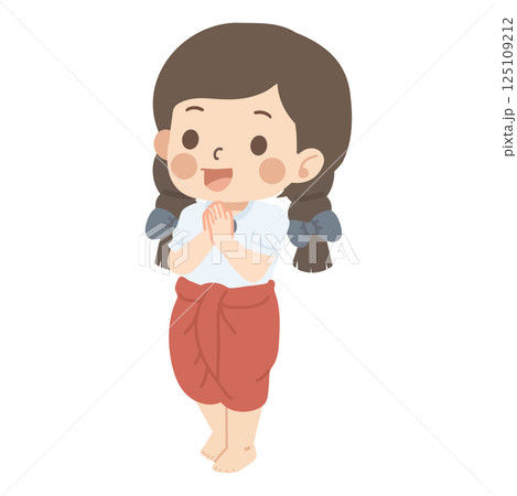 Playful Thai Girl Performing Traditional Dance with Sawasdee Greeting 125109212