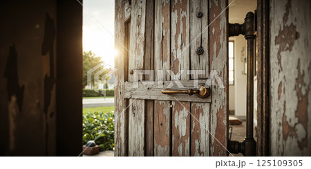 A rustic wooden door with peeling paint and a vintage brass handle, partially ajar to reveal a glimpse 125109305