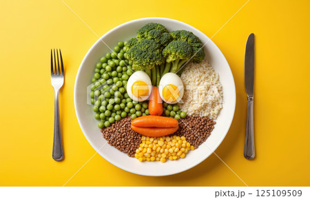 A close-up shot of a minimalist dinner plate with a face made of peas, carrots, lentils, rice, and sweetcorn. A close-up shot of a minimalist dinner plate with a face made of peas, carrots, lentils, rice, and sweetcorn. 125109509