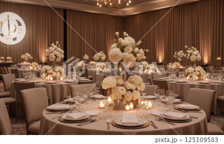 Mocha mousse-colored wedding reception with floral centerpieces - A luxurious wedding reception with mocha mousse-colored linens and elegant floral centerpieces 125109583