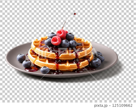 Golden crispy Waffle topped with fresh berries and syrup, soft brown and red hues, isolated 125109662