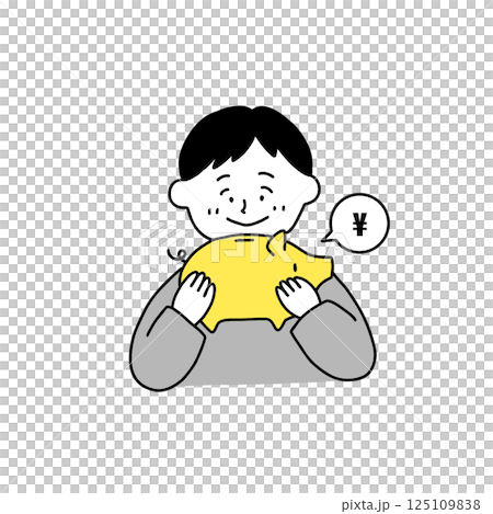 Illustration of a boy happily holding a piggy bank Illustration of a boy happily holding a piggy bank 125109838