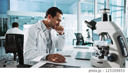 Laptop, mistake and science with man in laboratory for healthcare, medical or pharmaceutical innovation. Computer, microscope and regret with scientist in clinical research for development failure Laptop, mistake and science with man in laboratory for healthcare, medical or pharmaceutical innovation. Computer, microscope and regret with scientist in clinical research for development failure 125109853