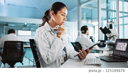 Scientist, woman and tablet with thinking for experiment, results or medical research study on laptop. Biotech, laboratory and analysis with DNA on computer screen for pharmaceutical RNA or biology Scientist, woman and tablet with thinking for experiment, results or medical research study on laptop. Biotech, laboratory and analysis with DNA on computer screen for pharmaceutical RNA or biology 125109878