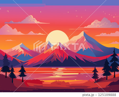Vector landscape of majestic mountains and pine trees at sunset, with colorful gradients of pink, orange, and purple sky reflecting on a calm lake. Ideal for travel, nature, or adventure-themed 125109888
