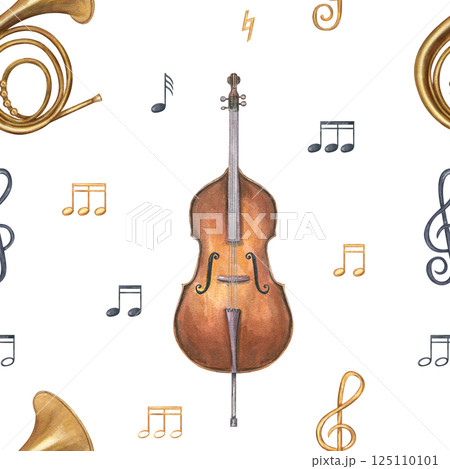 Watercolor contrabass and French horn with musical notes seamless pattern isolated background. Woodwind and string music instruments illustration. Orchestra ornate for posters, vintage interior decor. 125110101