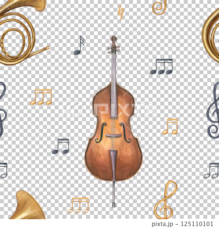 Watercolor contrabass and French horn with musical notes seamless pattern isolated background. Woodwind and string music instruments illustration. Orchestra ornate for posters, vintage interior decor. 125110101
