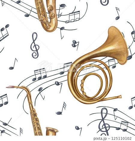 Brass instruments and musical notes on waving staff watercolor seamless pattern isolated background. French horn and saxophone among flying sound symbols for music branding, and concert poster 125110102