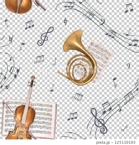 Watercolor French horn, violin with bow, music sheets and musical notes on black staff seamless pattern isolated background. Musical instruments and sound symbols illustration for festival stationery. Watercolor French horn, violin with bow, music sheets and musical notes on black staff seamless pattern isolated background. Musical instruments and sound symbols illustration for festival stationery. 125110103