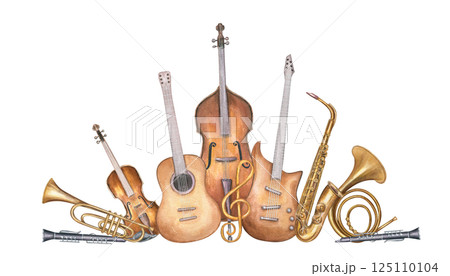 Watercolor wind and string instruments illustration isolated background. Hand painted double bass, saxophone, French horn, guitar composition for greeting cards, concert invitations, posters Watercolor wind and string instruments illustration isolated background. Hand painted double bass, saxophone, French horn, guitar composition for greeting cards, concert invitations, posters 125110104