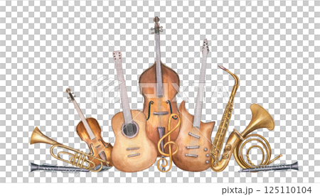Watercolor wind and string instruments illustration isolated background. Hand painted double bass, saxophone, French horn, guitar composition for greeting cards, concert invitations, posters Watercolor wind and string instruments illustration isolated background. Hand painted double bass, saxophone, French horn, guitar composition for greeting cards, concert invitations, posters 125110104