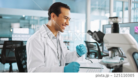 Scientist, man and microscope with fist pump for biology, breakthrough or medical research funding. Biotech, laboratory and celebration with DNA study for pharmaceutical RNA or pathology experiment 125110305