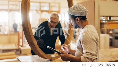 Carpenter, planning or man with tablet in workshop for wood structure inspection, safety compliance or evaluation. Manufacturing, team and quality control for framework production or furniture repair 125110519