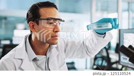 Scientist, man and petri dish with analysis for biology, breakthrough or medical research. Biotech, laboratory and microscope with bacteria DNA study for pharmaceutical RNA or pathology experiment 125110524