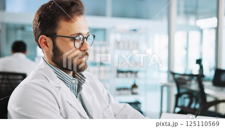 Scientist, man and thinking for research at medical lab, review or glasses for pharma job. Person, insight and perspective with process for vaccine development, trial or clinical study for innovation Scientist, man and thinking for research at medical lab, review or glasses for pharma job. Person, insight and perspective with process for vaccine development, trial or clinical study for innovation 125110569