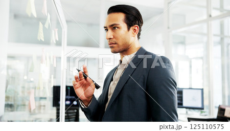 Serious, planning and man with ideas, glass and info for strategy in corporate company and schedule. Office, banker and person with sticky notes for investment, opportunity and financial growth 125110575