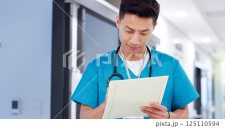 Healthcare, man and nurse with document for writing, patient information and medical records. Hospital, asian person and surgeon with paperwork for diagnosis notes, review and report for treatment 125110594