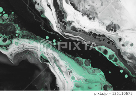Black White and Green Fluid Art Composition with Flowing Liquid Texture and Organic Motion 125110673