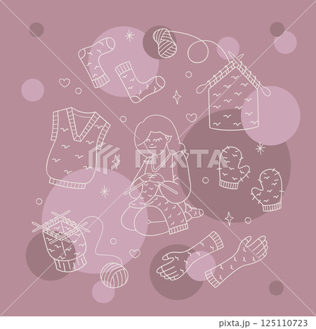 A set with a knitting girl and knitted clothes color. Outline illustration for your projects. 125110723
