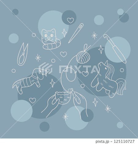 Knitting amigurumi, knitted toys and tools color. Outline illustration for your projects. Knitting amigurumi, knitted toys and tools color. Outline illustration for your projects. 125110727