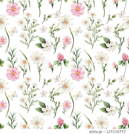 Seamless watercolor pattern of wildflowers and butterflies. Chamomile, apple tree, cameo, clover. Composition of delicate flowers of white, pink and green. Isolated. Wedding, wallpapers, backgrounds 125110757