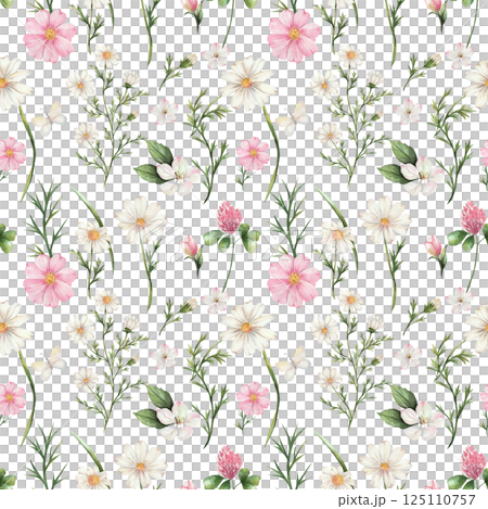 Seamless watercolor pattern of wildflowers and butterflies. Chamomile, apple tree, cameo, clover. Composition of delicate flowers of white, pink and green. Isolated. Wedding, wallpapers, backgrounds 125110757