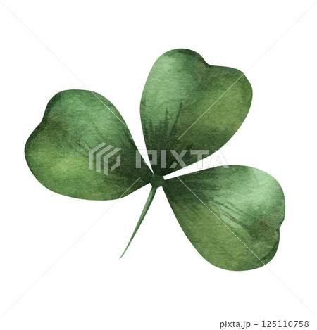 Green leaf of clover. Hand drawn in watercolor, isolated on a white background. Botanical illustration of nature, herbs. Lucky shamrock. For design, printing, cards, decor. Green leaf of clover. Hand drawn in watercolor, isolated on a white background. Botanical illustration of nature, herbs. Lucky shamrock. For design, printing, cards, decor. 125110758