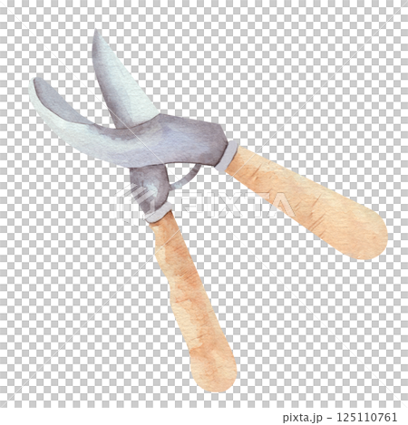 Garden scissors, pruning shears, hedge cutter with wooden handles, hand drawn in watercolor. Isolated on a white background. Scissors for hedges and plants. Trimmer. For design, cards, magazines Garden scissors, pruning shears, hedge cutter with wooden handles, hand drawn in watercolor. Isolated on a white background. Scissors for hedges and plants. Trimmer. For design, cards, magazines 125110761