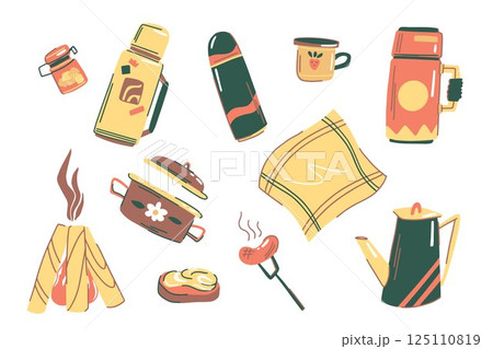 Colorful Camping Equipment Set Hand Drawn Picnic and Outdoor Cooking Elements on White Background 125110819