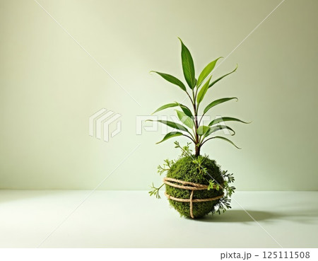 A perfectly round Kokedama with tree, covered in rich green moss on white background 125111508