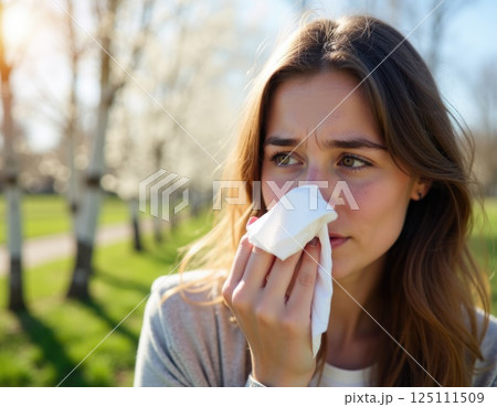 close up of young woman wiping her nose with a tissue blossoming birch on background. seasonal allergies , pollinosis concept. close up of young woman wiping her nose with a tissue blossoming birch on background. seasonal allergies , pollinosis concept. 125111509