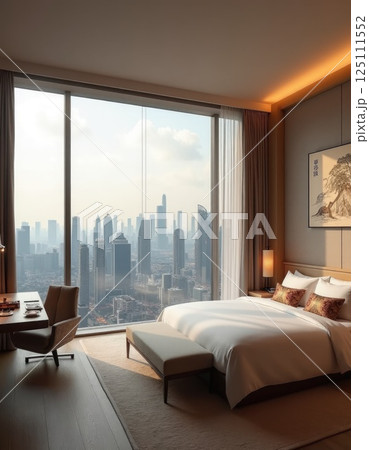 bedroom in skyscarper or hotel room with panoramic window in asian style bedroom in skyscarper or hotel room with panoramic window in asian style 125111552
