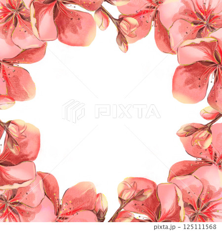 Sakura flowers red pink watercolor frame on white background in high quality. Perfect for postcards, invitations, weddings. Spring flowers will perfectly decorate home decor. Sakura flowers red pink watercolor frame on white background in high quality. Perfect for postcards, invitations, weddings. Spring flowers will perfectly decorate home decor. 125111568