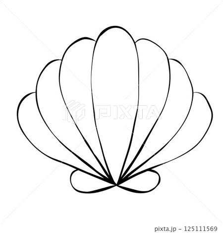 Shell vector graphic line ink icon. Isolated illustration scallop shellfish pearl logo, black line icon, sea shell symbol. Design for package, cosmetic, textile, cards. Shell vector graphic line ink icon. Isolated illustration scallop shellfish pearl logo, black line icon, sea shell symbol. Design for package, cosmetic, textile, cards. 125111569