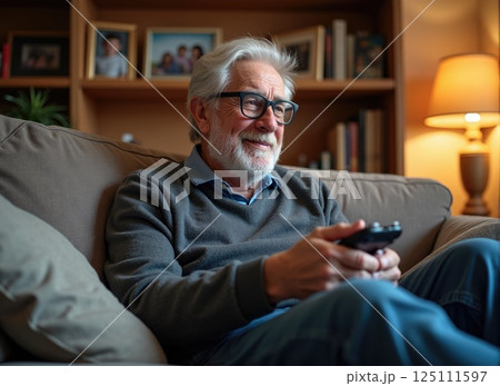 elderly ma, sitting on a couch in living room watching TV holding remote controller elderly ma, sitting on a couch in living room watching TV holding remote controller 125111597