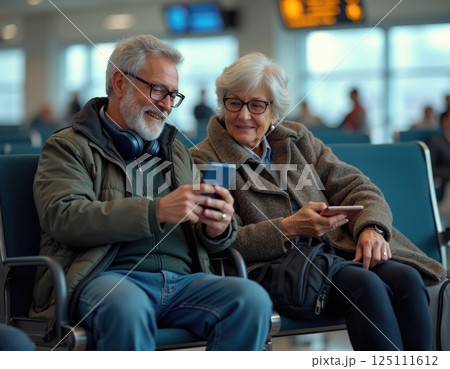 silver-haired couple, sitting at an airport gate using their devices tablet, his wireless headphones and smartphone 125111612