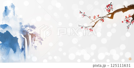 Minimalist blue ink landscape with misty mountains, waterfall, and sakura blossom on white shimmering background. Translation of hieroglyph - zen Minimalist blue ink landscape with misty mountains, waterfall, and sakura blossom on white shimmering background. Translation of hieroglyph - zen 125111631