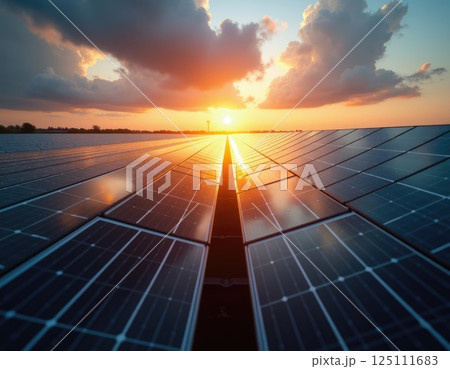 blue photovoltaic solar panels for producing clean ecological electricity at sunset 125111683