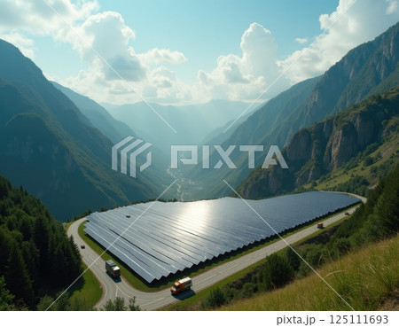 Endless rows of solar panels on mountain slopes, harnessing clean energy from the sun. A striking vision of sustainable progress in harmony with nature. Endless rows of solar panels on mountain slopes, harnessing clean energy from the sun. A striking vision of sustainable progress in harmony with nature. 125111693