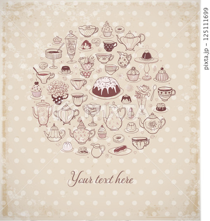 Card with tea party doodles on vintage background with place for your text. Vector sketch illustration. 125111699