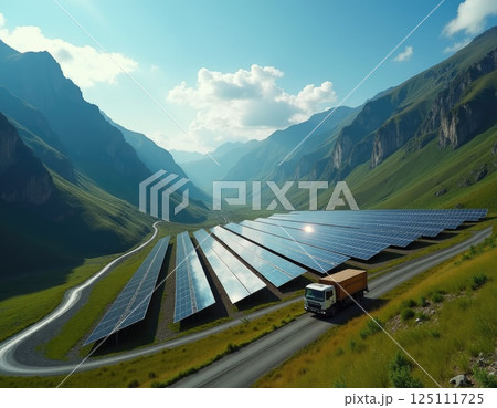 Endless rows of solar panels on mountain slopes, harnessing clean energy from the sun. A striking vision of sustainable progress in harmony with nature. 125111725