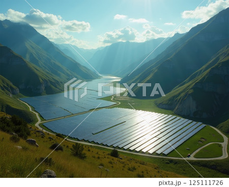 Endless rows of solar panels on mountain slopes, harnessing clean energy from the sun. A striking vision of sustainable progress in harmony with nature. 125111726