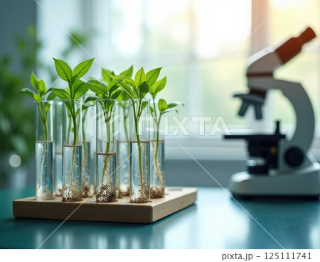 laboratory environment with rows of small plants growing in transparent containers laboratory environment with rows of small plants growing in transparent containers 125111741