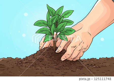 human hands planting a tree seedking in ground. Ecology and earth day concept 125111748