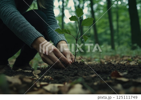 human hands planting a tree seedking in ground. Ecology and earth day concept 125111749
