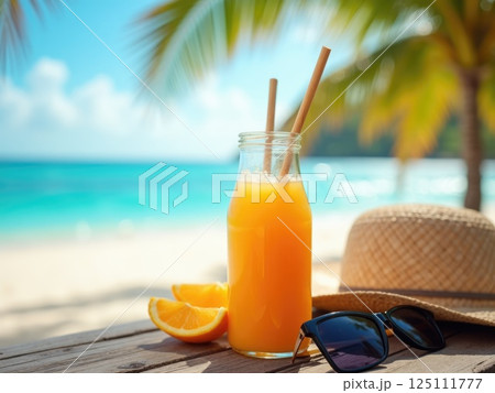 A tropical smoothie in a glass bottle with a bamboo straw next to pair of sunglasses, a straw hat, and an orange slices A tropical smoothie in a glass bottle with a bamboo straw next to pair of sunglasses, a straw hat, and an orange slices 125111777