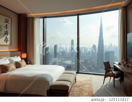 bedroom in skyscarper or hotel room with panoramic window in asian style 125111817