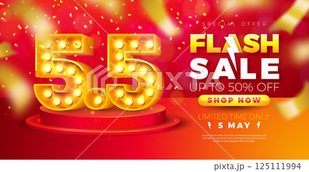 5 May Shopping Day Flash Sale Design with 3d 5.5 Light Bulb Billboard Number and Falling Confetti on Red Background. Vector Special Offer 50 Percent Off Campaign Discount Illustration for Coupon 5 May Shopping Day Flash Sale Design with 3d 5.5 Light Bulb Billboard Number and Falling Confetti on Red Background. Vector Special Offer 50 Percent Off Campaign Discount Illustration for Coupon 125111994